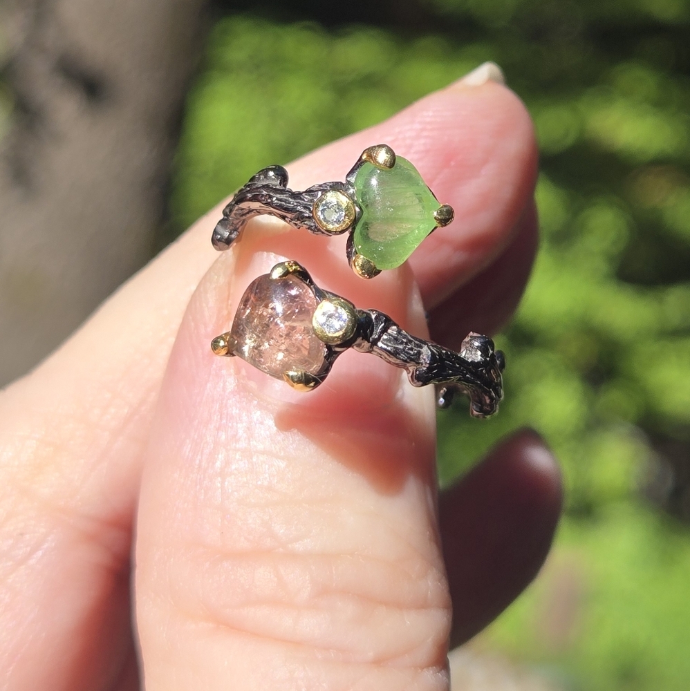 Tourmaline & Topaz Natural Gemstone Sterling Rhodium & Gold Ring Sz9 Adjustable - Picture 10 of 11